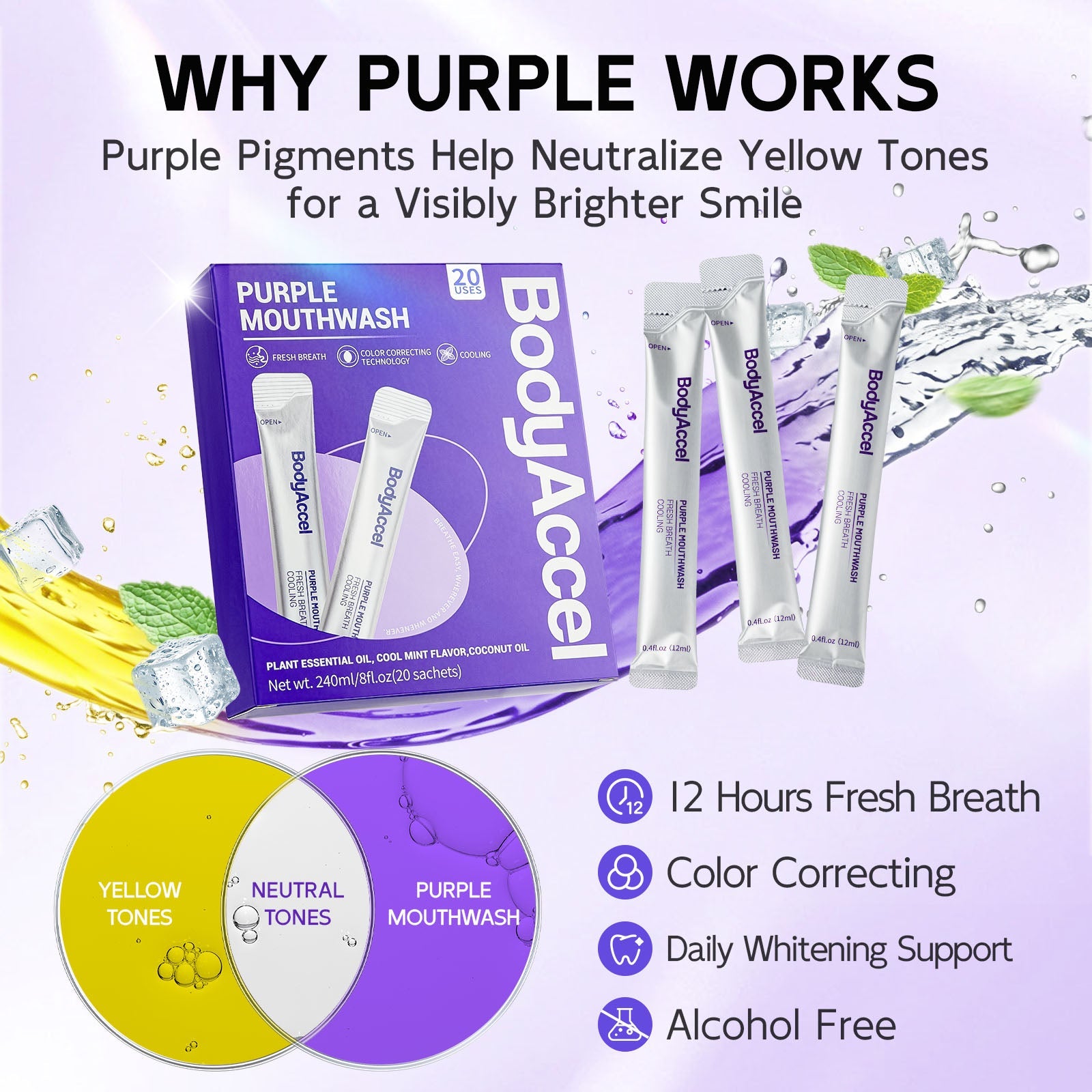 Enjuague bucal morado: blanqueamiento dental y enjuague corrector de color